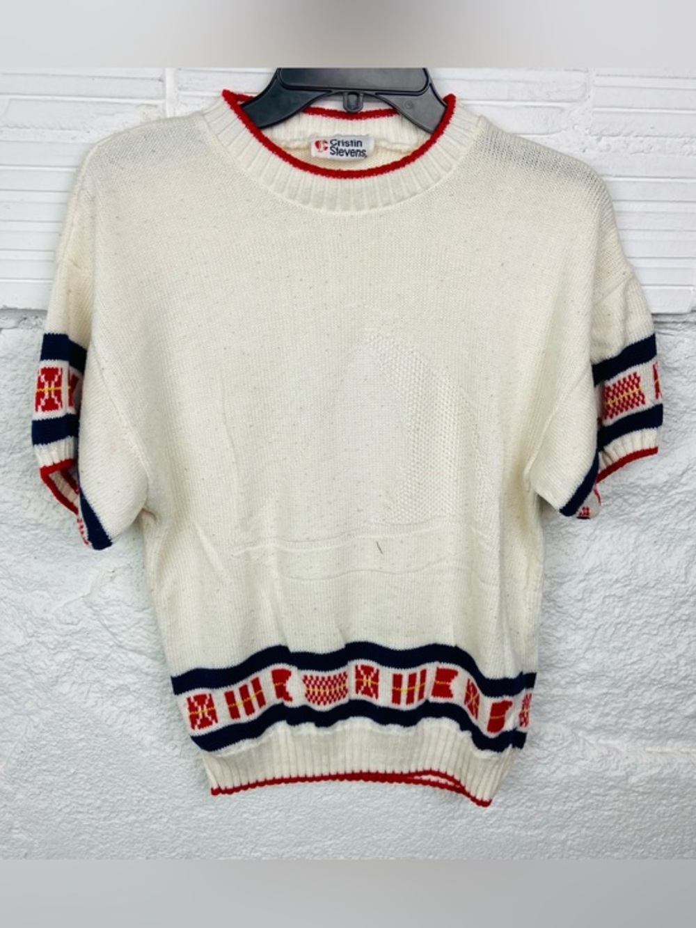 Cristin Stevens Ivory Knit Short Sleeve nautical Sweater Red & Navy Trim SZ L